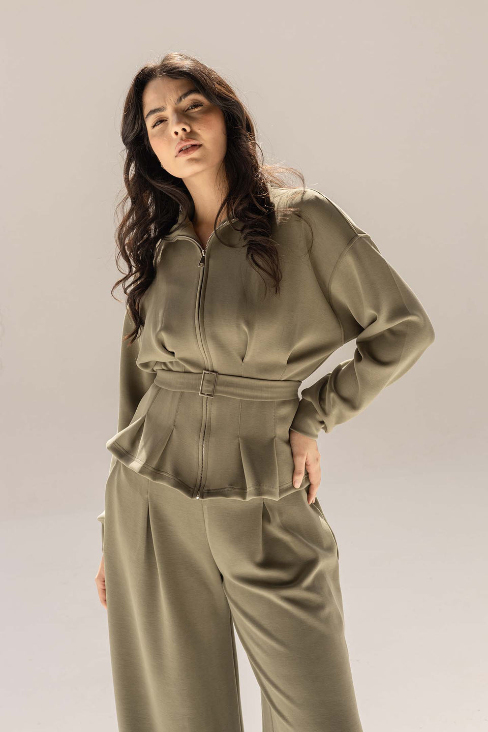 Olive Tailored Elegant Pleats Set