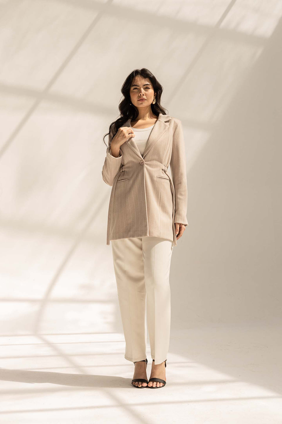 Beige Wool Blend Pinstripe Side Belt Blazer