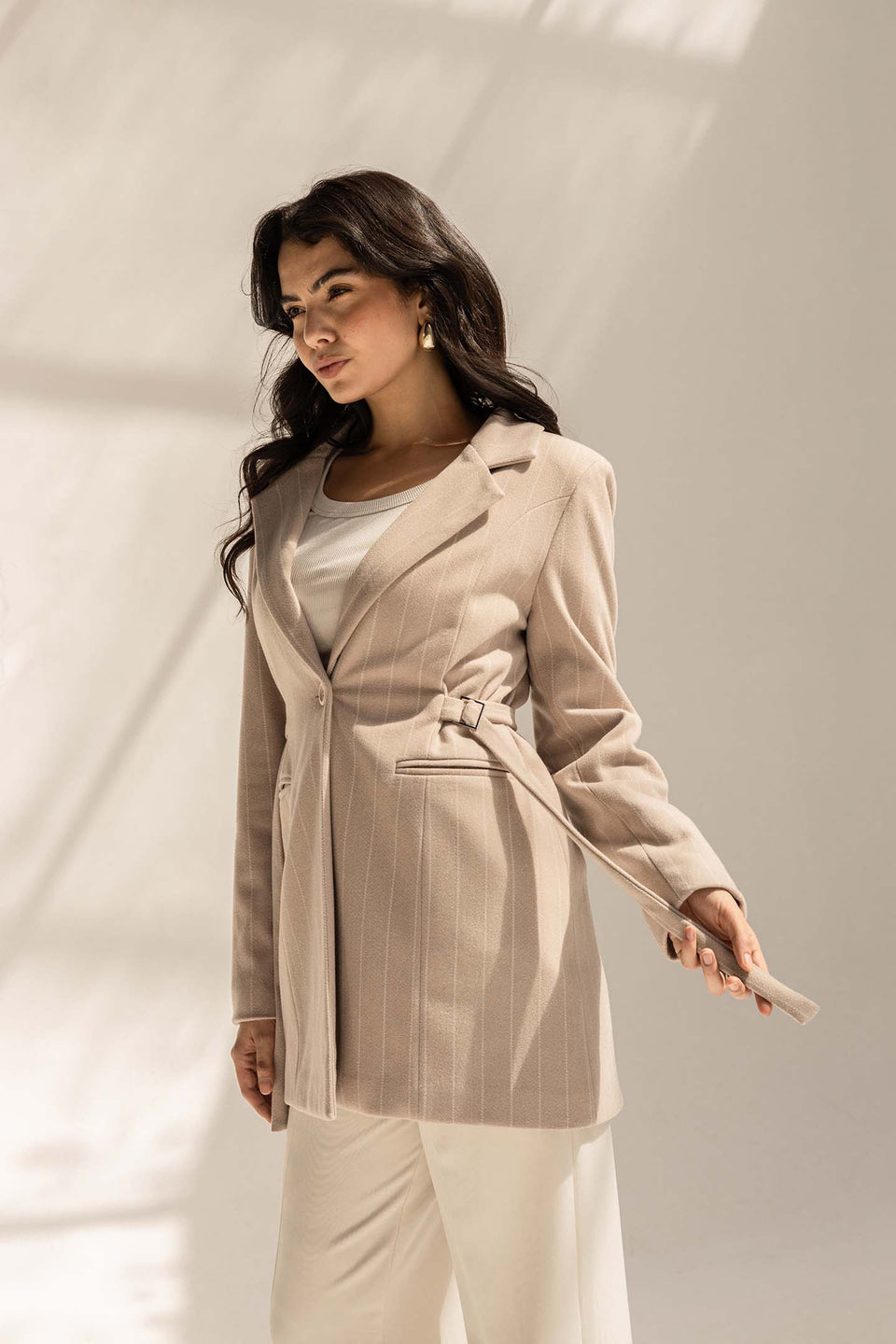 Beige Wool Blend Pinstripe Side Belt Blazer