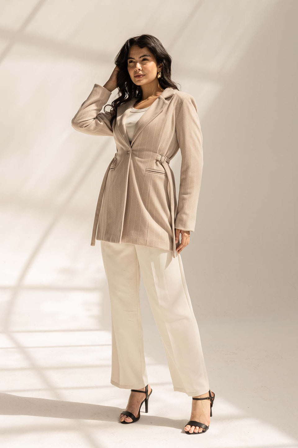 Beige Wool Blend Pinstripe Side Belt Blazer