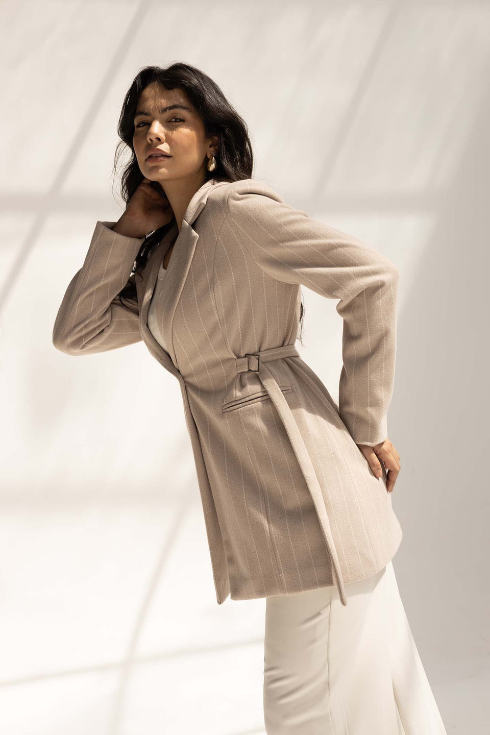 Beige Wool Blend Pinstripe Side Belt Blazer