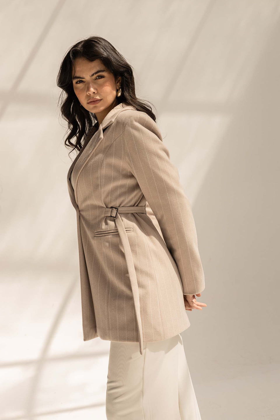 Beige Wool Blend Pinstripe Side Belt Blazer