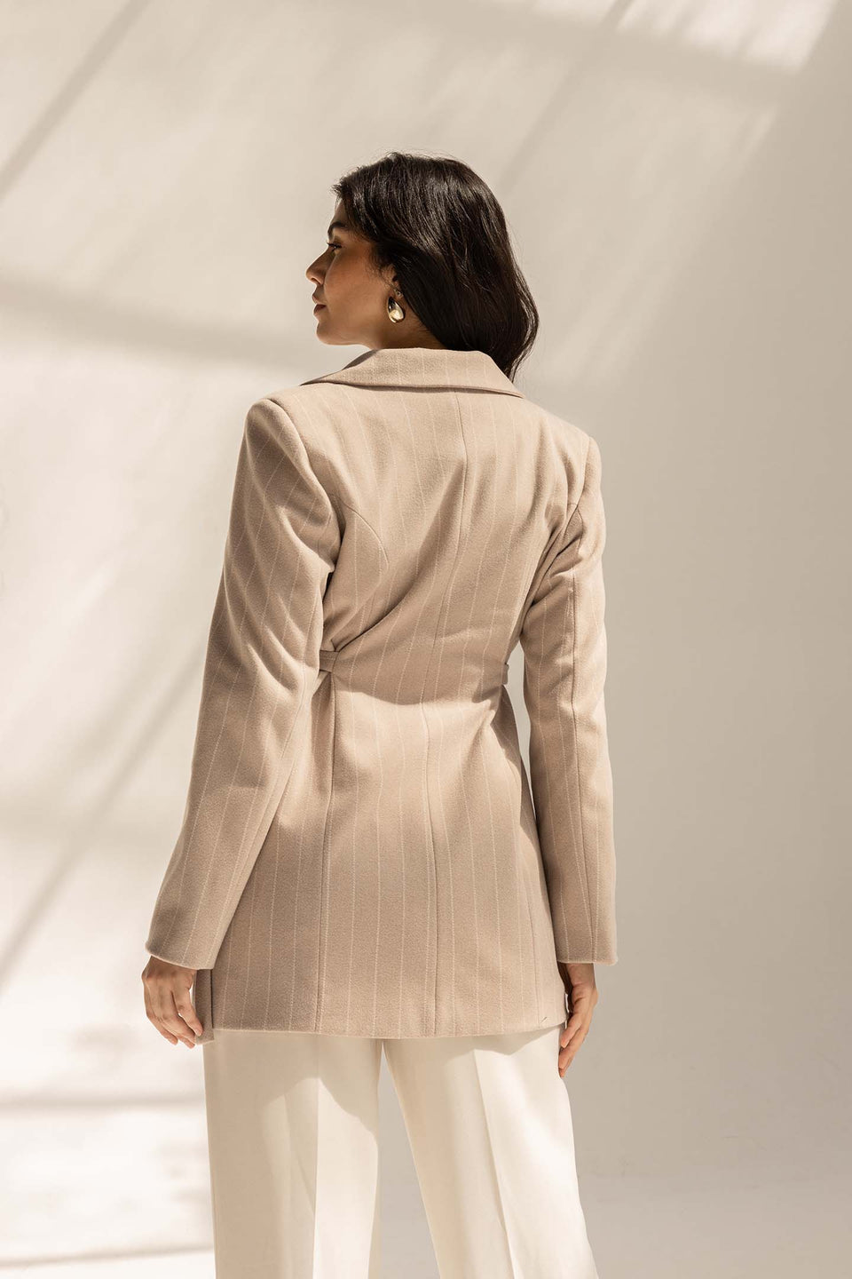 Beige Wool Blend Pinstripe Side Belt Blazer