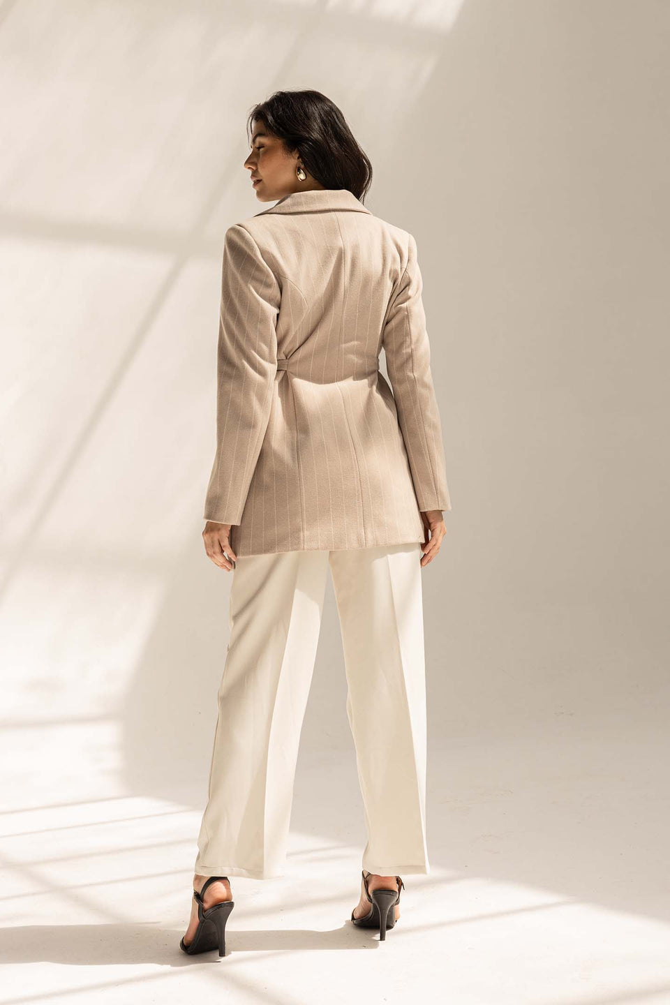 Beige Wool Blend Pinstripe Side Belt Blazer