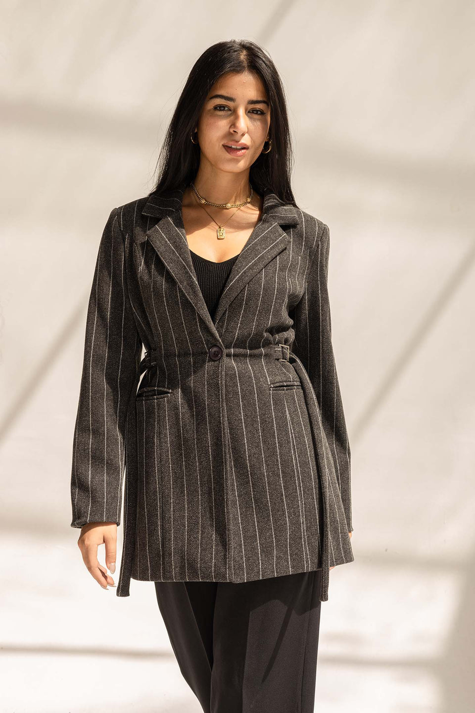 Black Wool Blend Pinstripe Side Belt Blazer