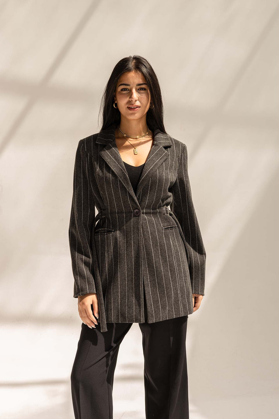 Black Wool Blend Pinstripe Side Belt Blazer