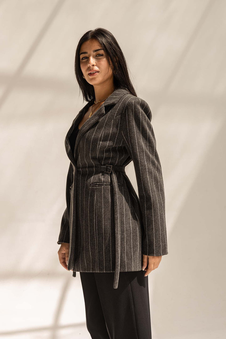 Black Wool Blend Pinstripe Side Belt Blazer