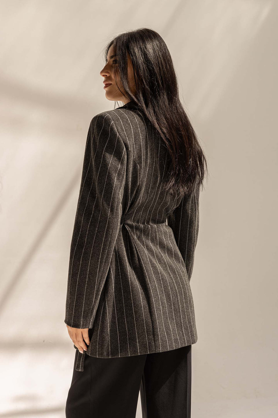 Black Wool Blend Pinstripe Side Belt Blazer