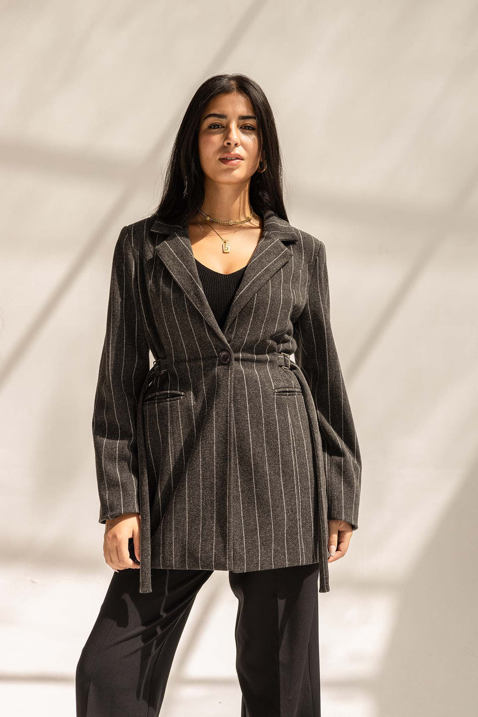Black Wool Blend Pinstripe Side Belt Blazer