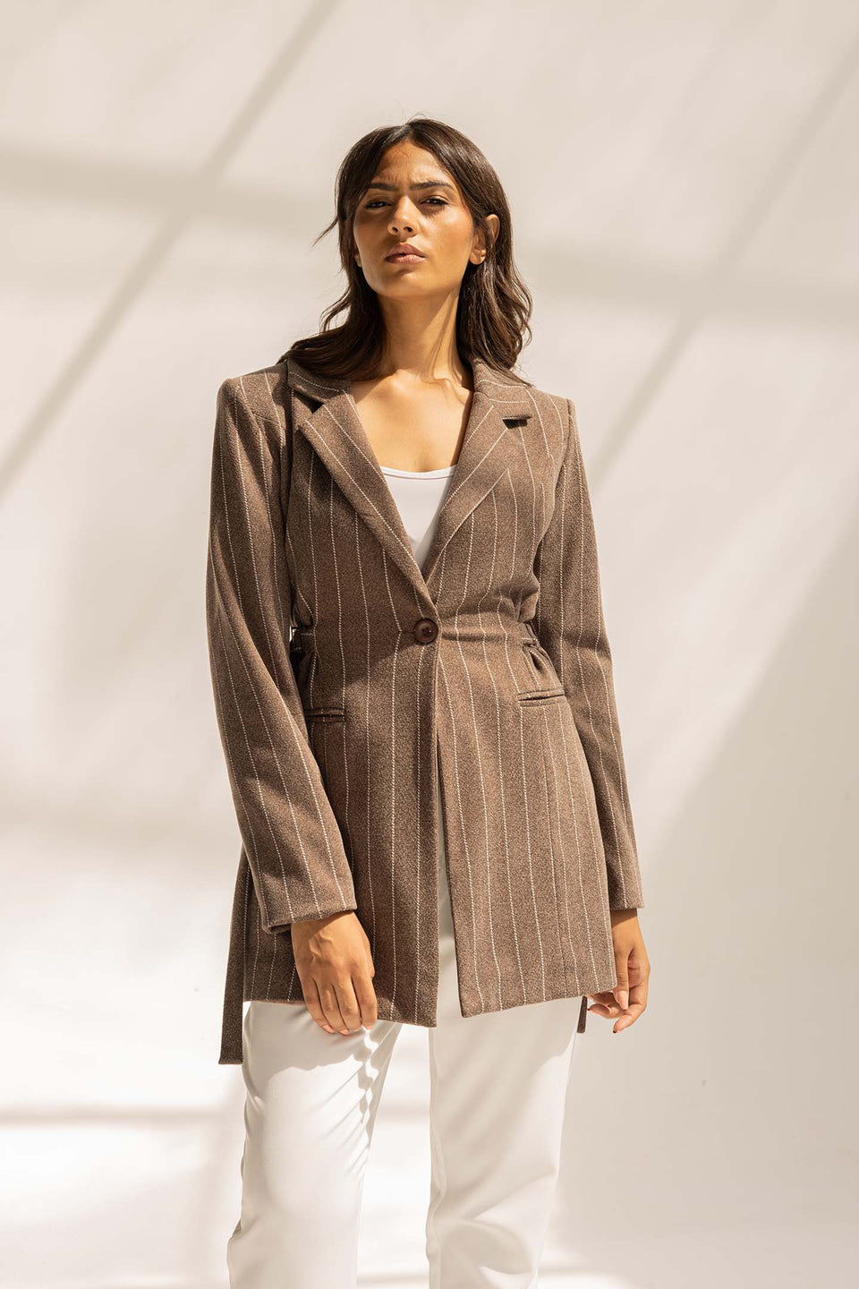 Brown Wool Blend Pinstripe Side Belt Blazer