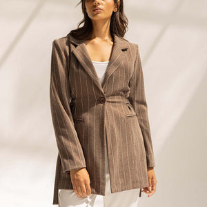 Brown Wool Blend Pinstripe Side Belt Blazer