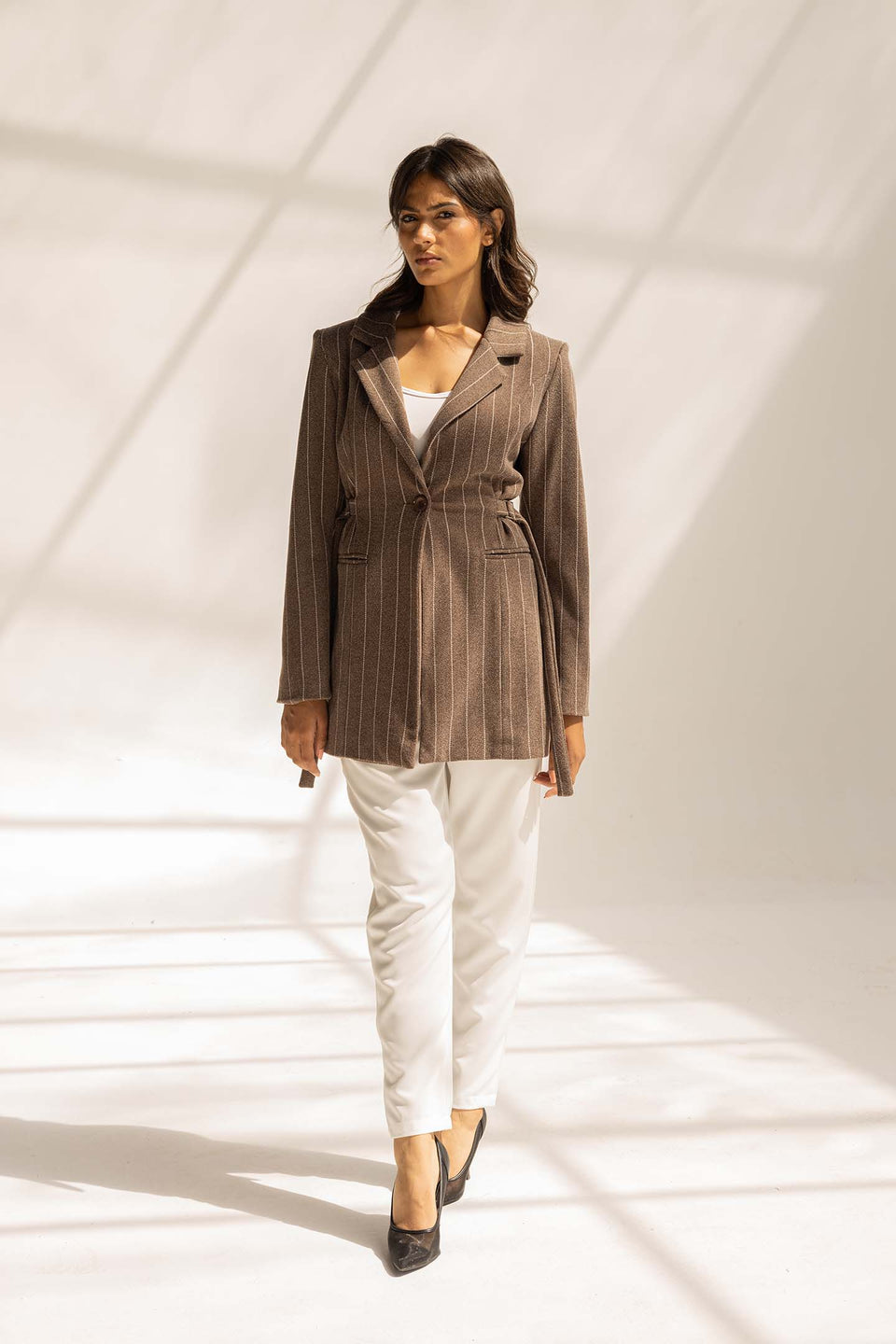 Brown Wool Blend Pinstripe Side Belt Blazer