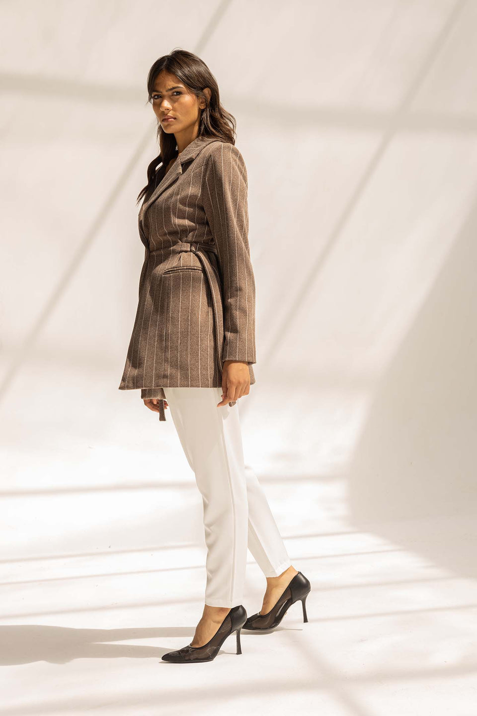 Brown Wool Blend Pinstripe Side Belt Blazer