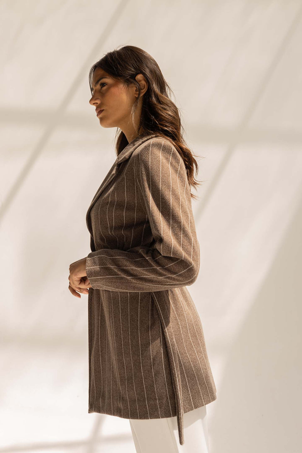 Brown Wool Blend Pinstripe Side Belt Blazer