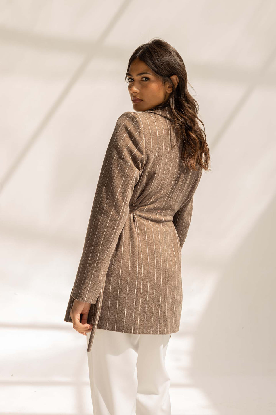 Brown Wool Blend Pinstripe Side Belt Blazer