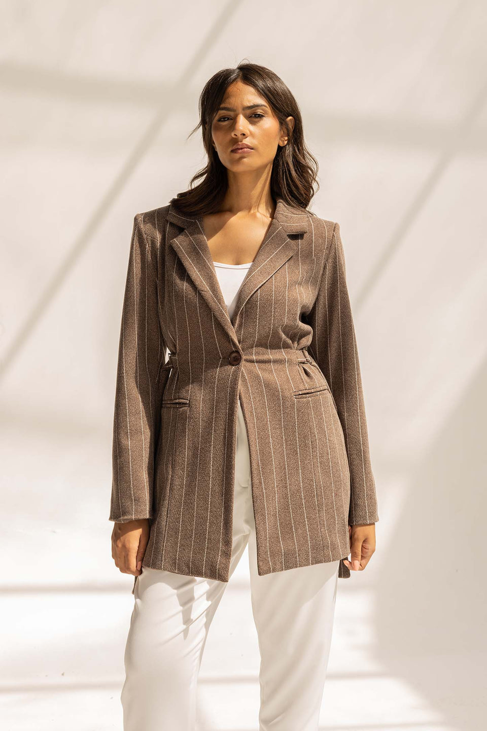 Brown Wool Blend Pinstripe Side Belt Blazer