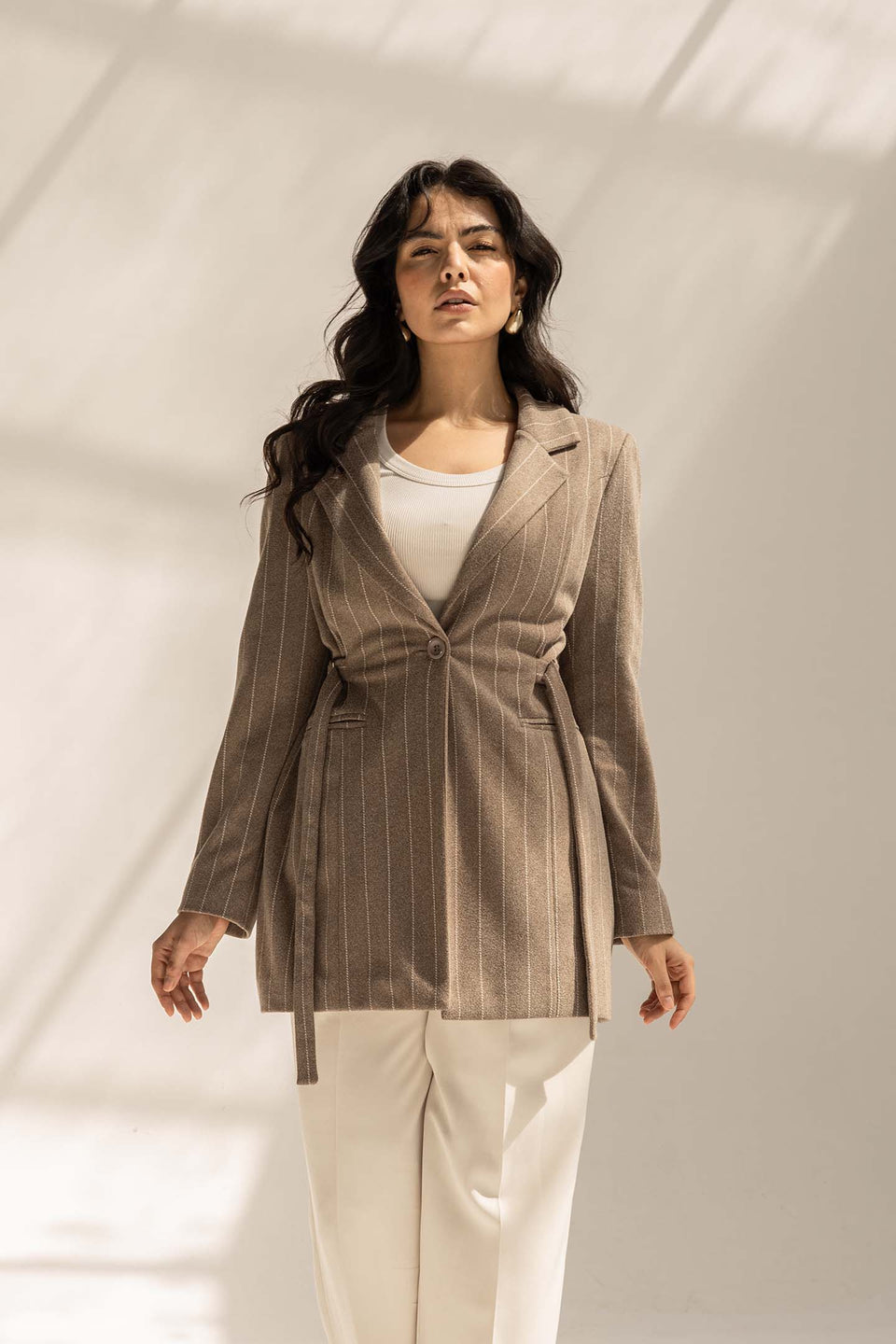 Coffe Wool Blend Pinstripe Side Belt Blazer