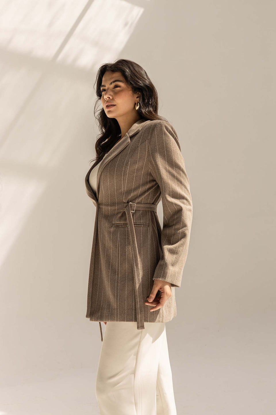 Coffe Wool Blend Pinstripe Side Belt Blazer