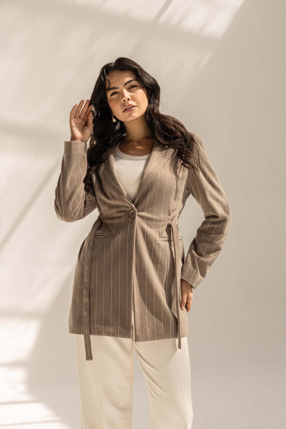 Coffe Wool Blend Pinstripe Side Belt Blazer