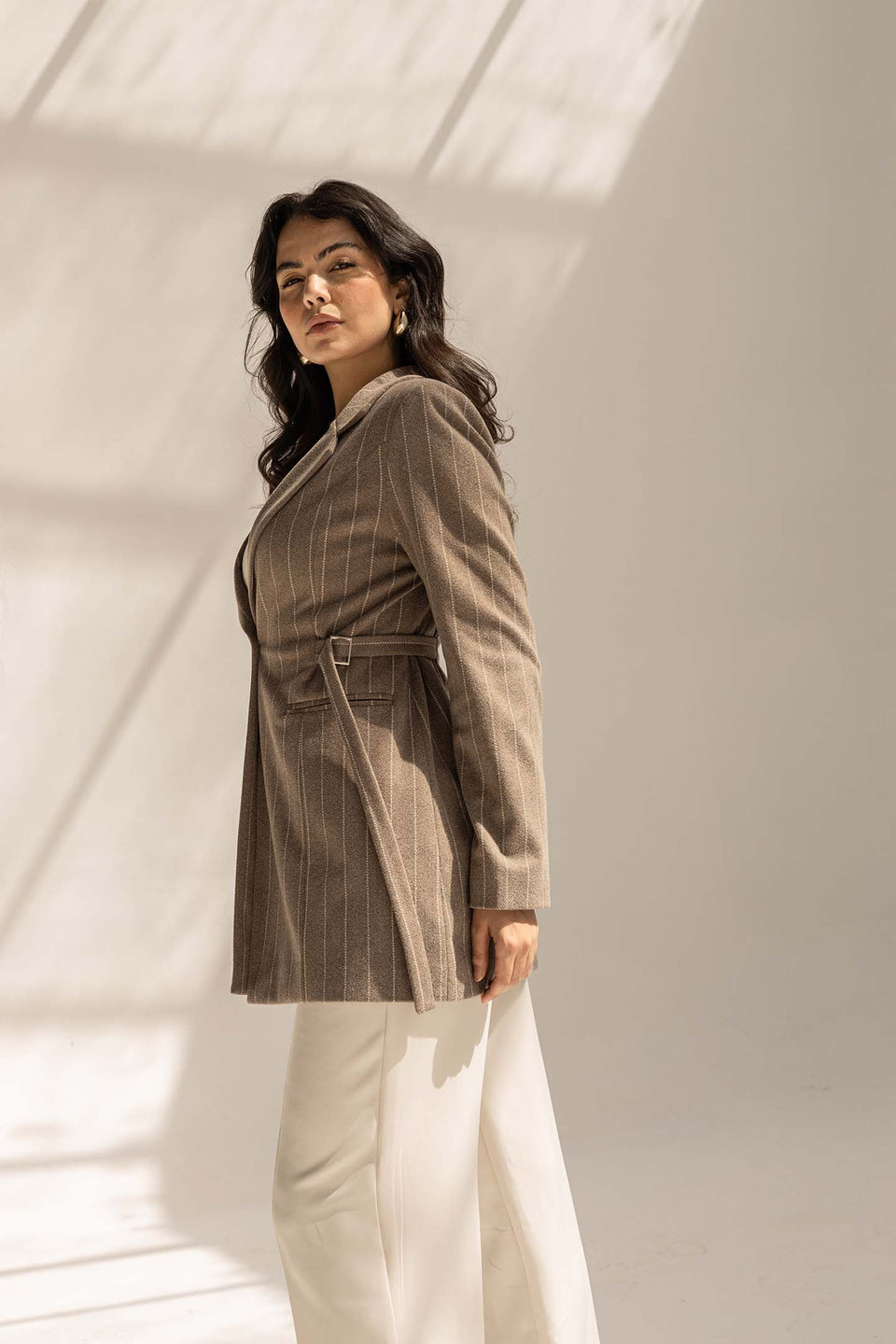 Coffe Wool Blend Pinstripe Side Belt Blazer