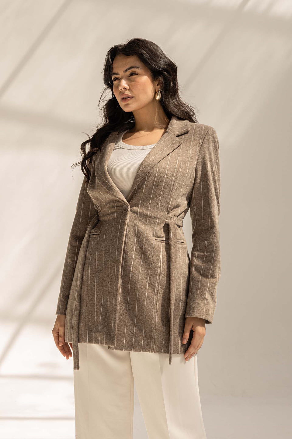 Coffe Wool Blend Pinstripe Side Belt Blazer