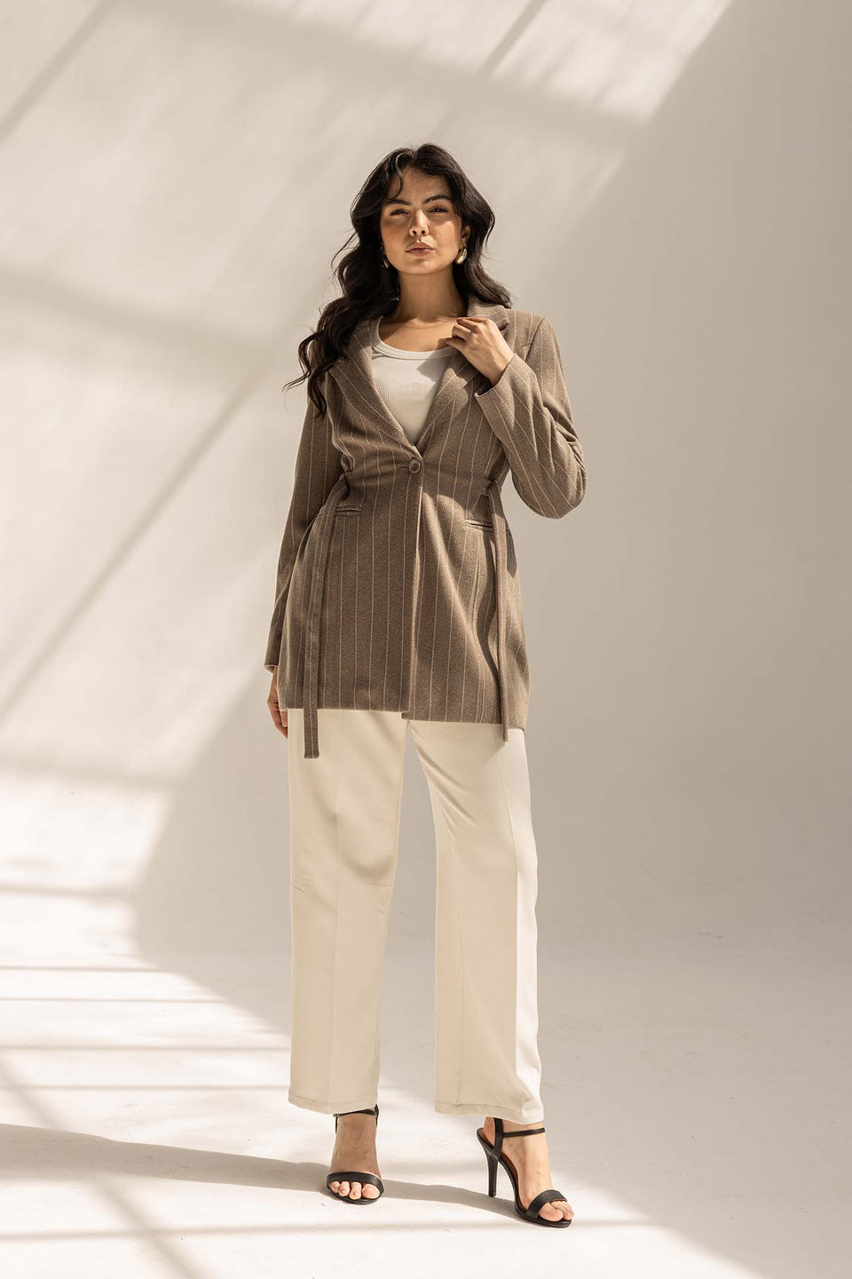 Coffe Wool Blend Pinstripe Side Belt Blazer
