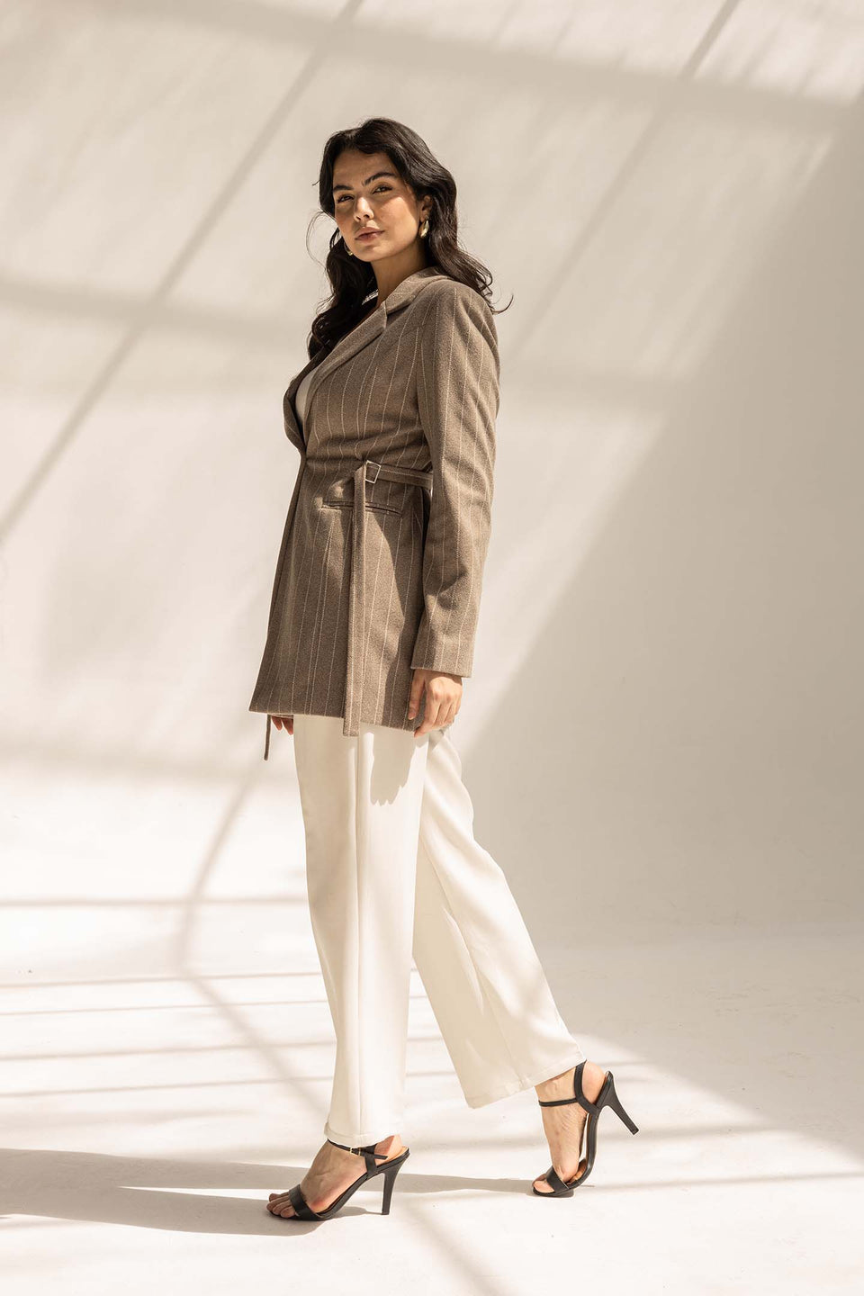 Coffe Wool Blend Pinstripe Side Belt Blazer