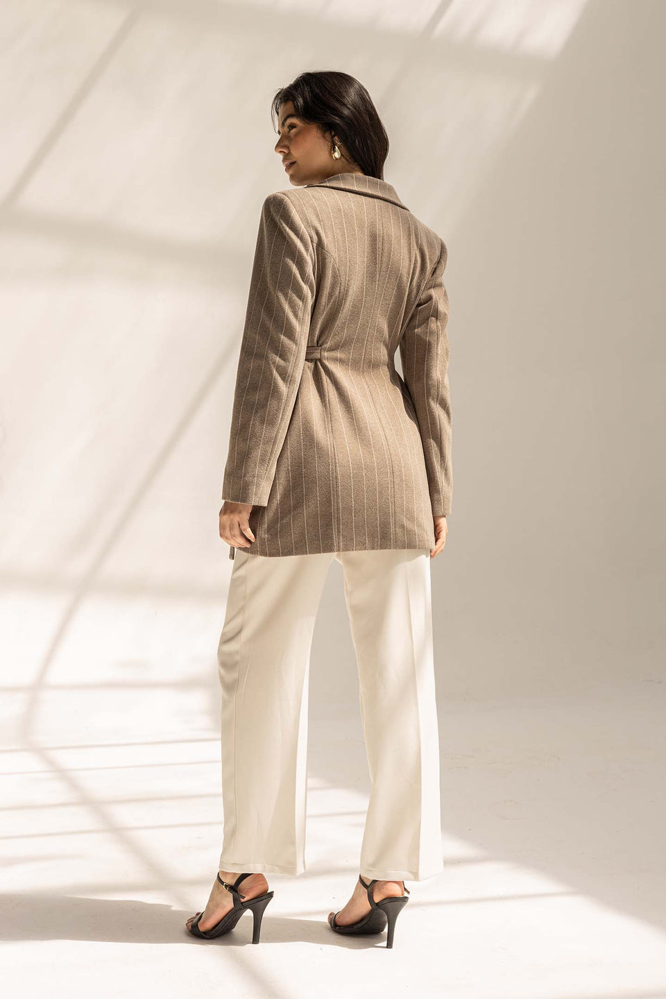 Coffe Wool Blend Pinstripe Side Belt Blazer