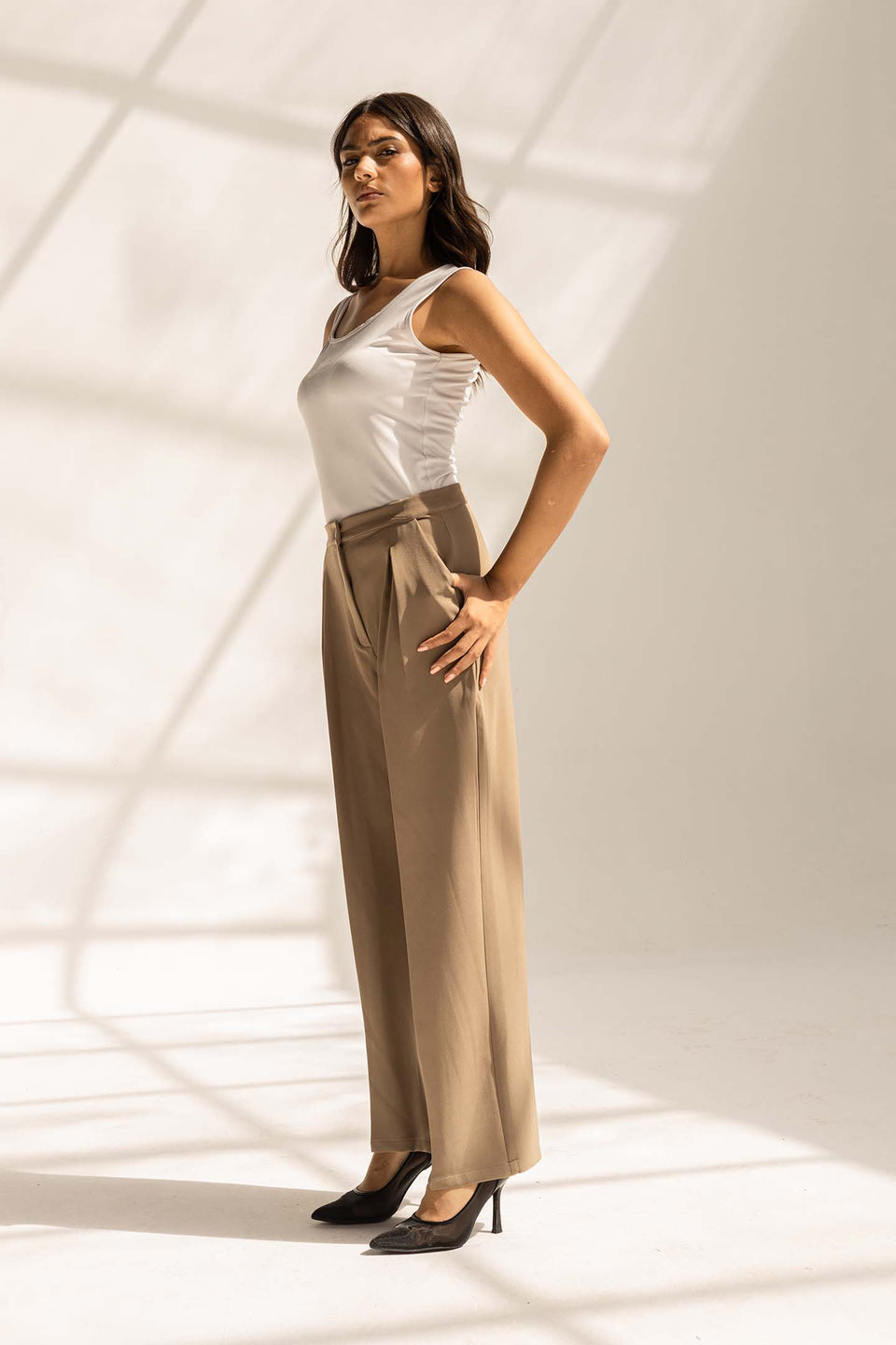 Coffe Tailored Wide-Leg Pants