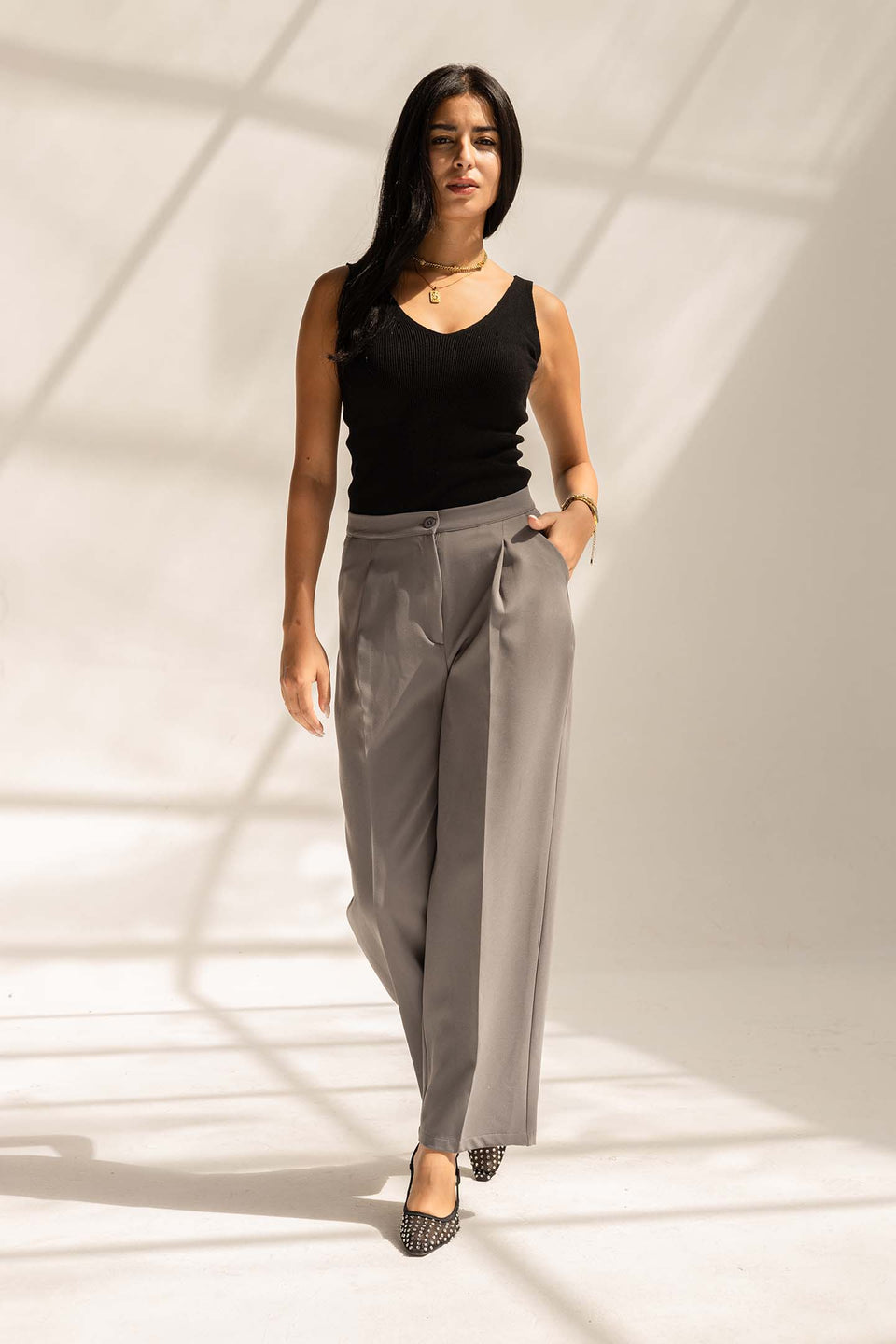 Grey Tailored Wide-Leg Pants