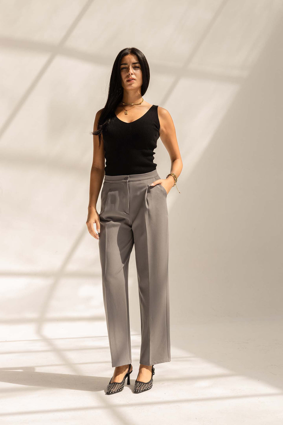 Grey Tailored Wide-Leg Pants