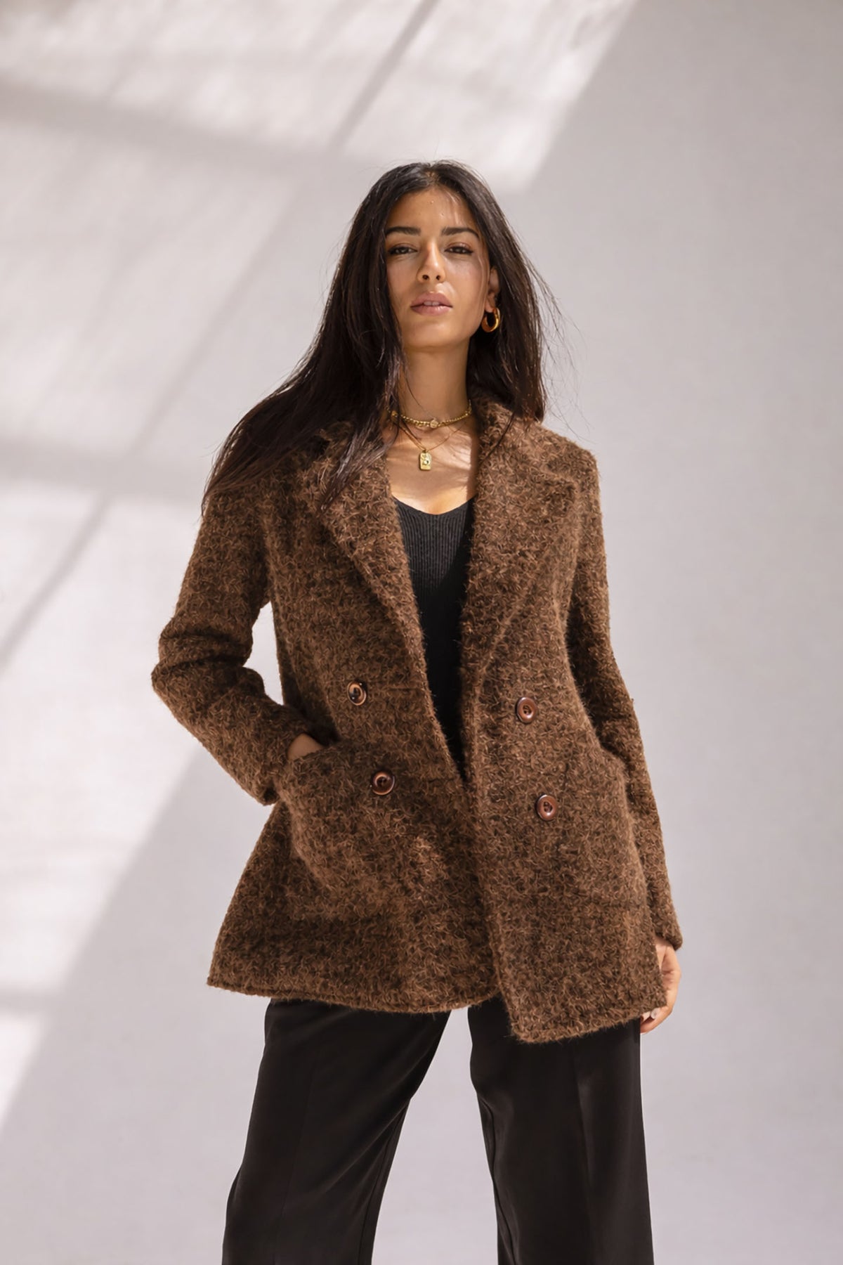 Brown Fuzzy Wool Double-Breasted Jacket