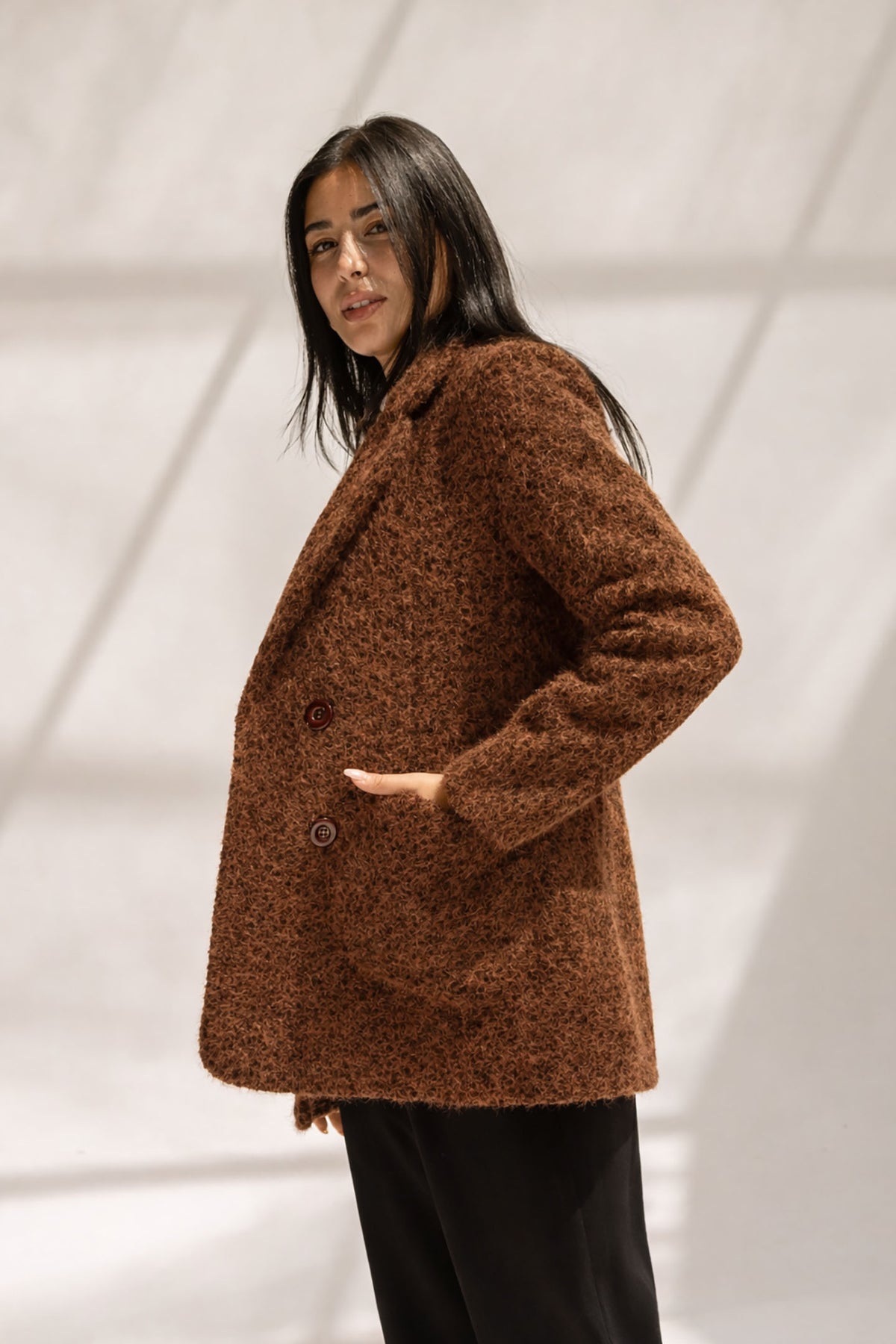 Brown Fuzzy Wool Double-Breasted Jacket