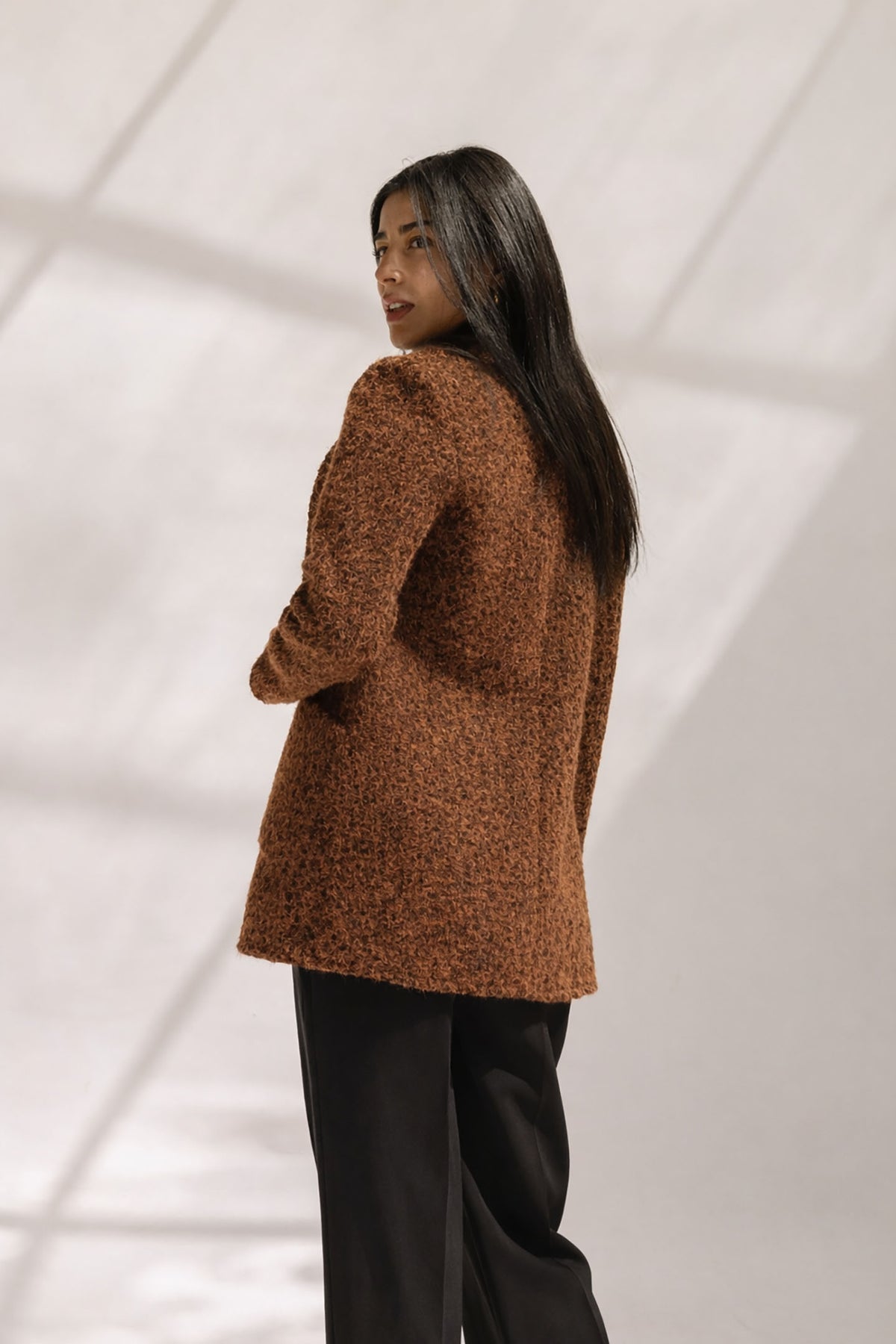 Brown Fuzzy Wool Double-Breasted Jacket