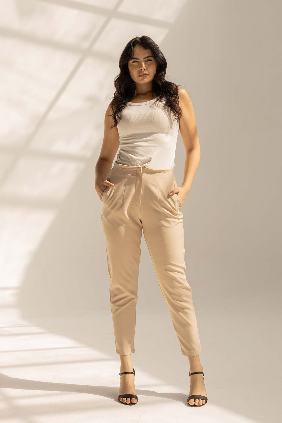 Beige High-Waist Tailored Pants