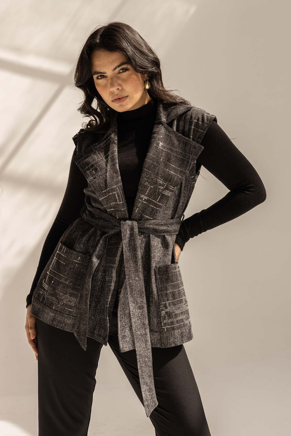 Black Sequined Denim Vest with Waist Belt
