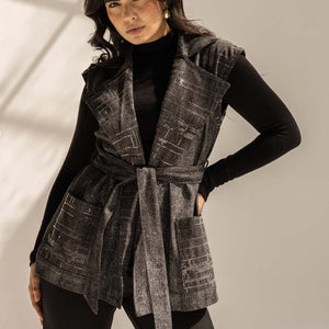 Black Sequined Denim Vest with Waist Belt