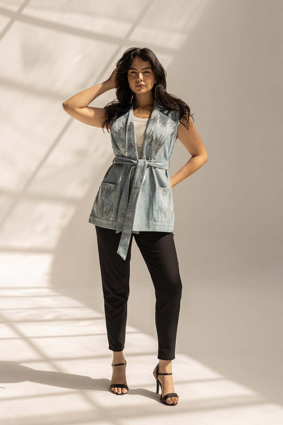 Blue Sequined Denim Vest with Waist Belt