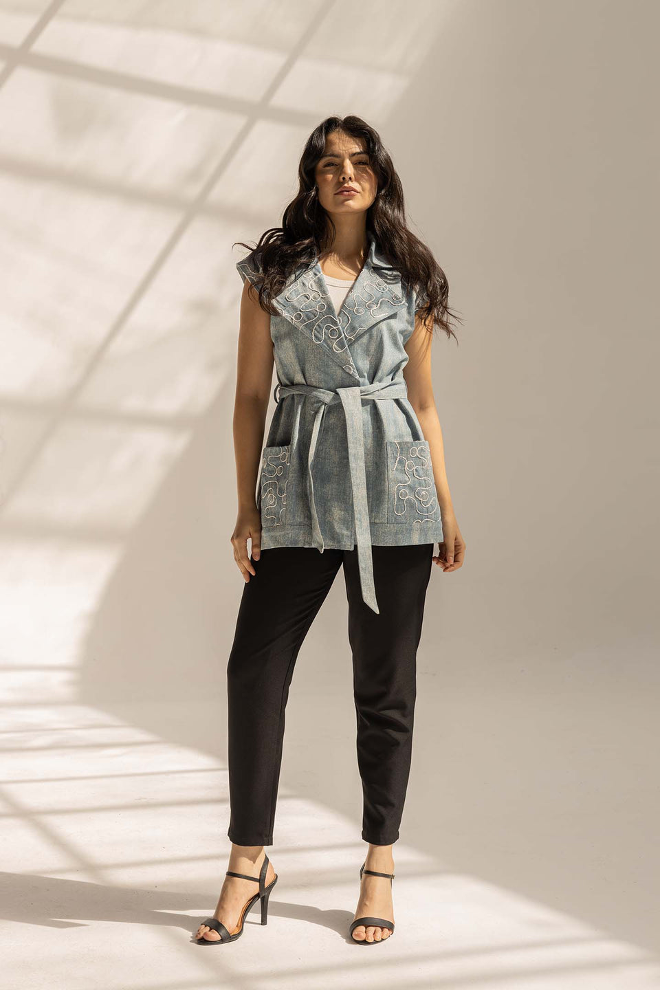 White Sequined Denim Vest with Waist Belt