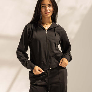 Black Comfy Melton Zipped Hoodie