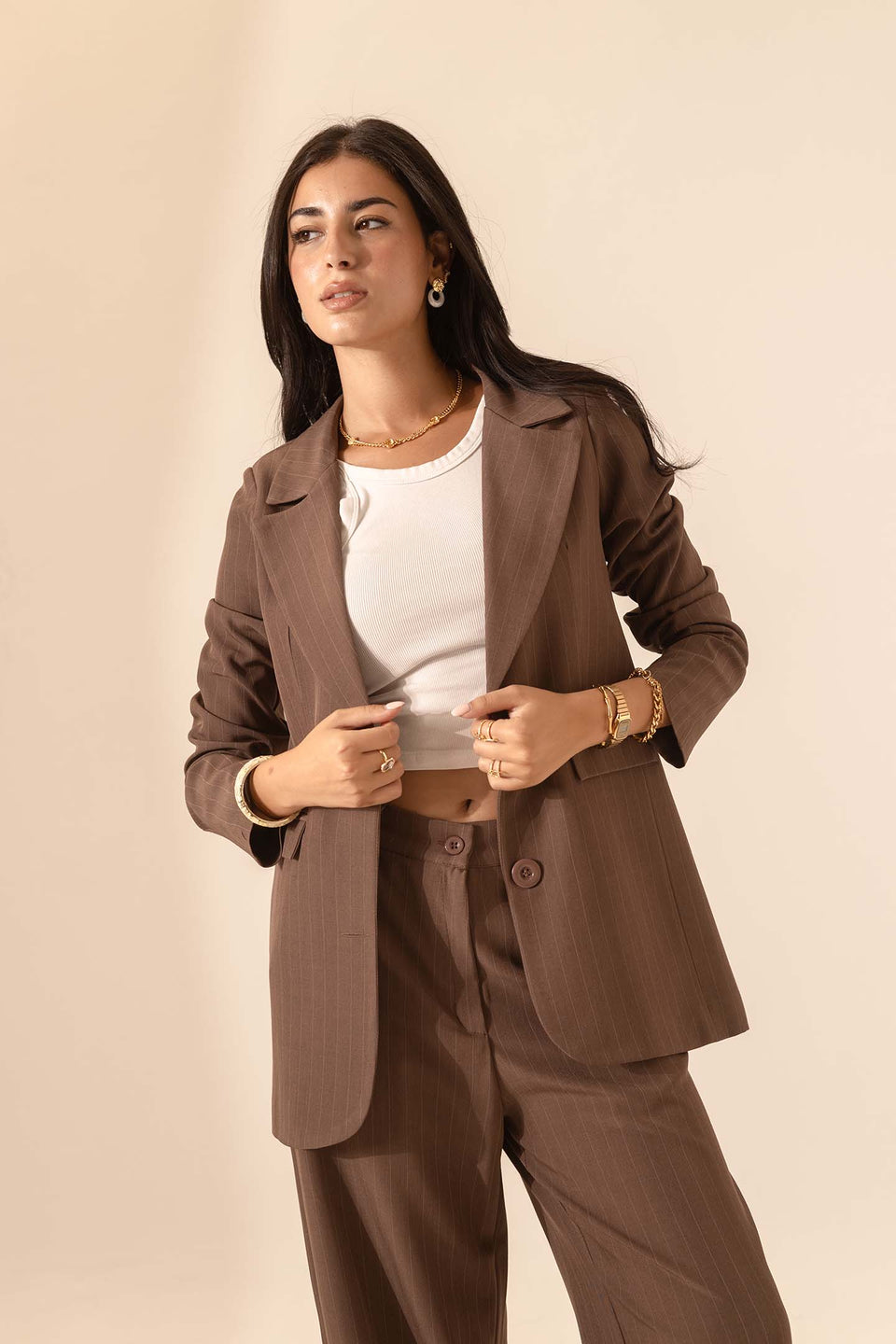 Brown Striped Formal Blazer