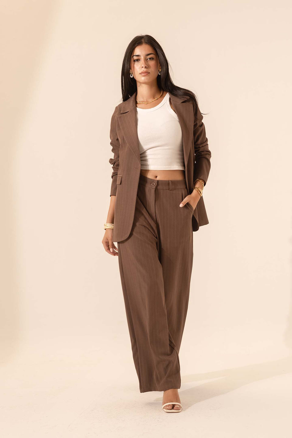 Brown Striped Formal Blazer