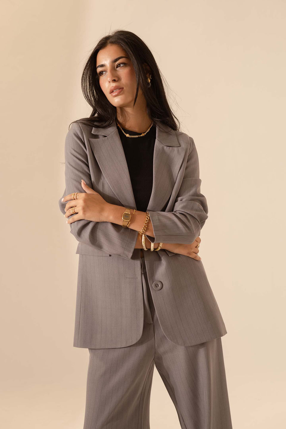 Grey Striped Formal Blazer