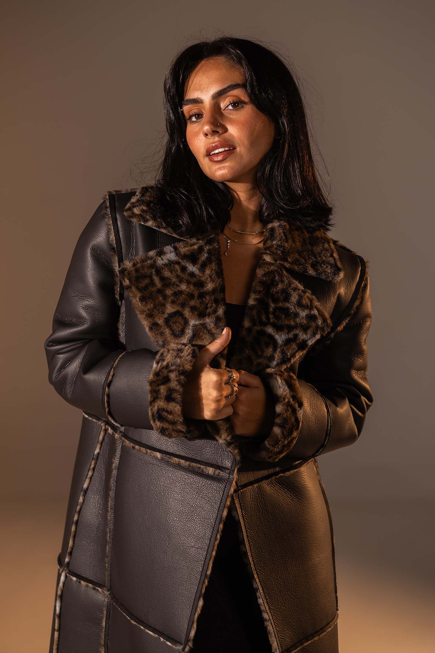 Black Long Faux Leather Leopard Shearling Coat