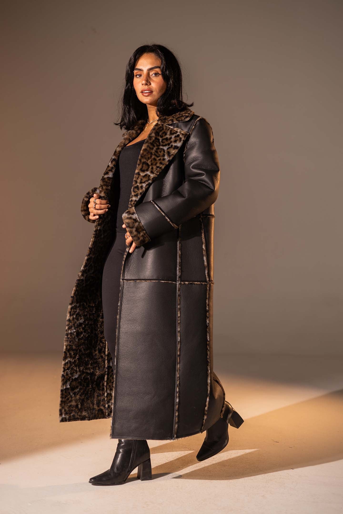 Black Long Faux Leather Leopard Shearling Coat