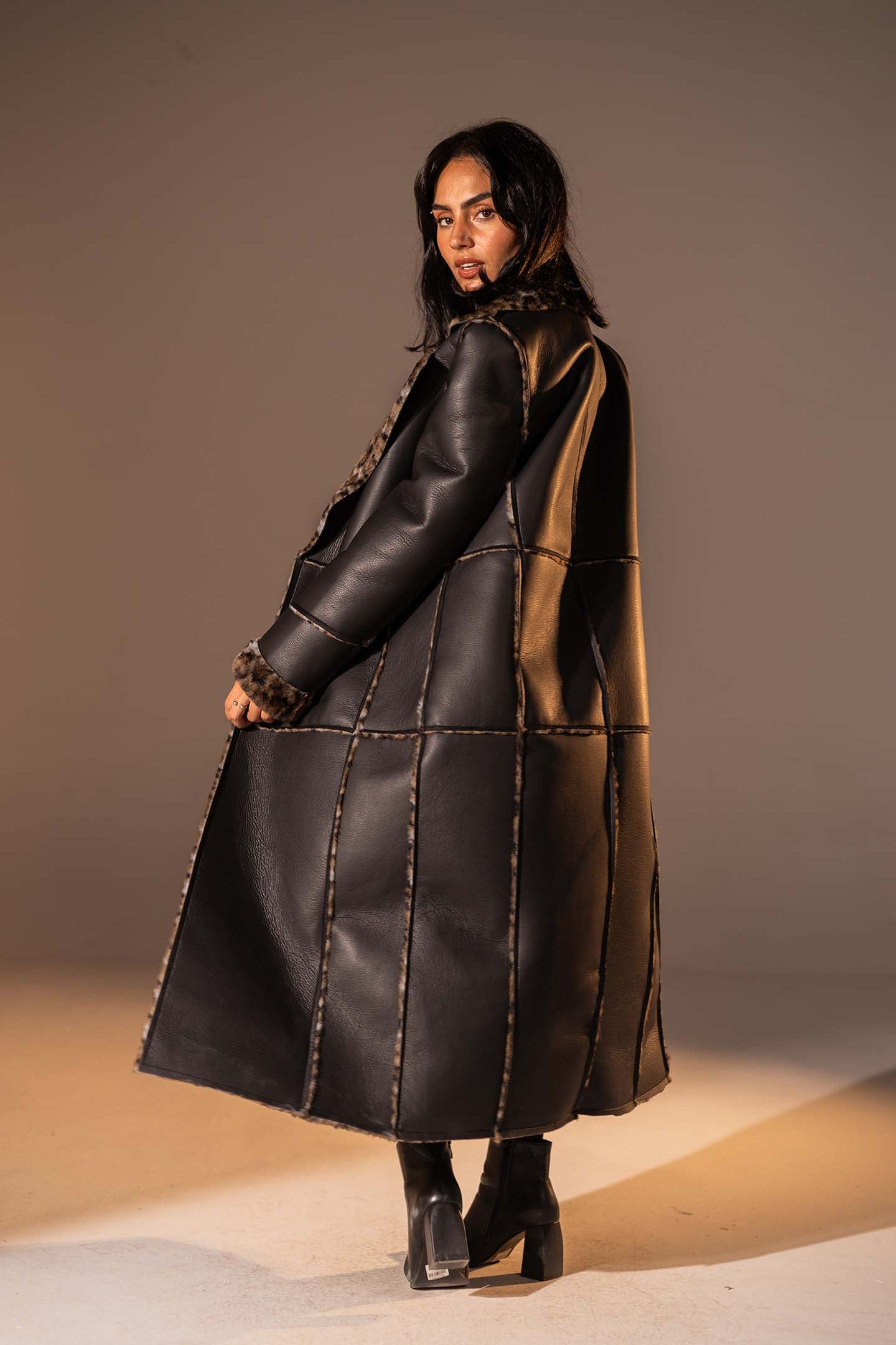 Black Long Faux Leather Leopard Shearling Coat