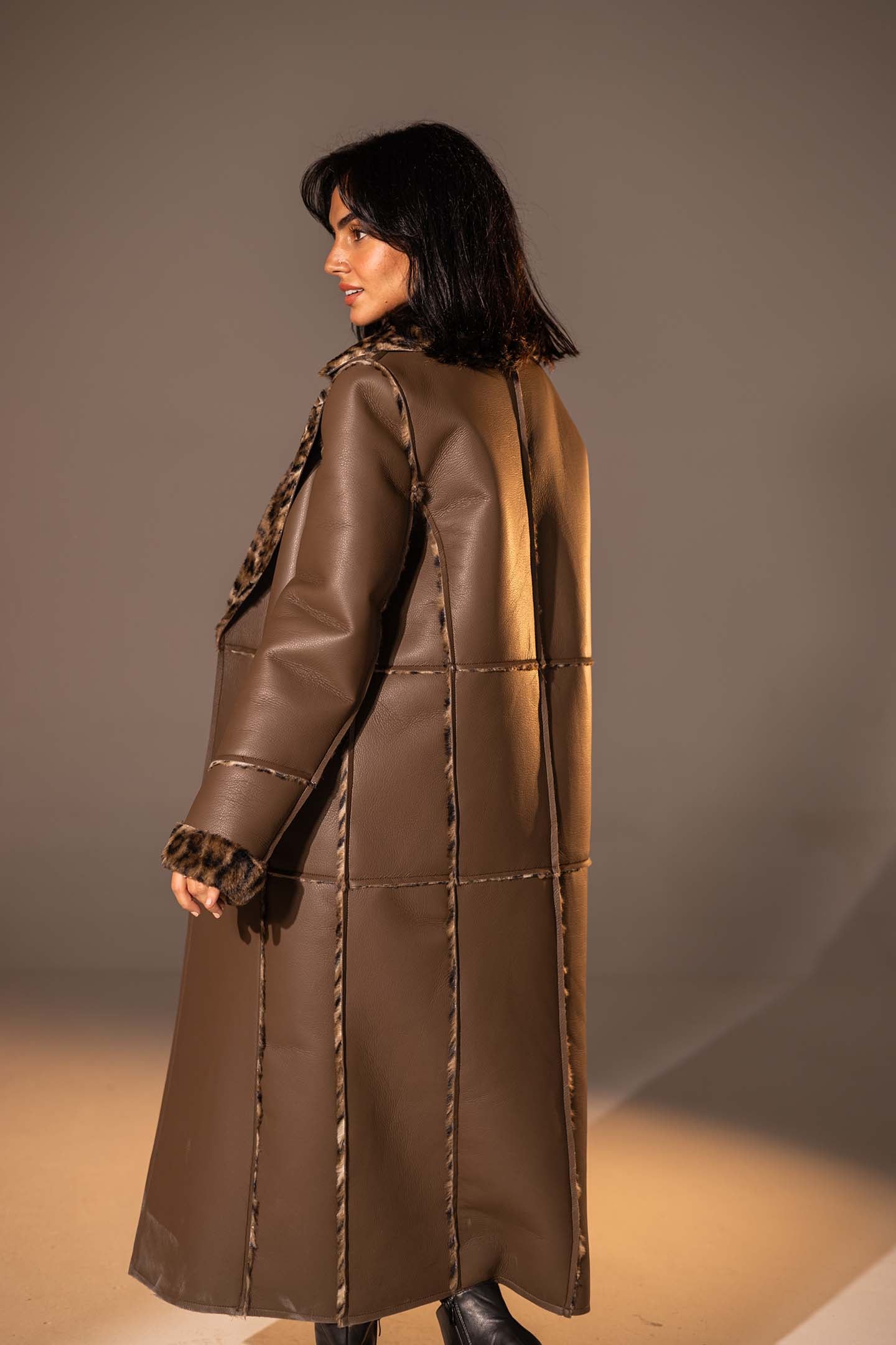 Brown Long Faux Leather Leopard Shearling Coat