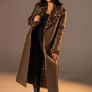 Brown Long Faux Leather Leopard Shearling Coat