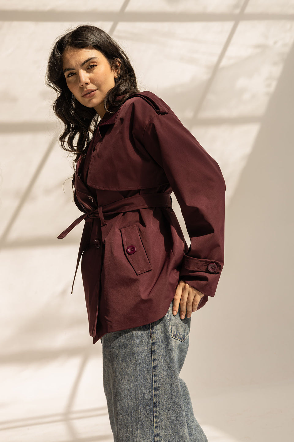 Burgundy Short Trench Coat with Belt