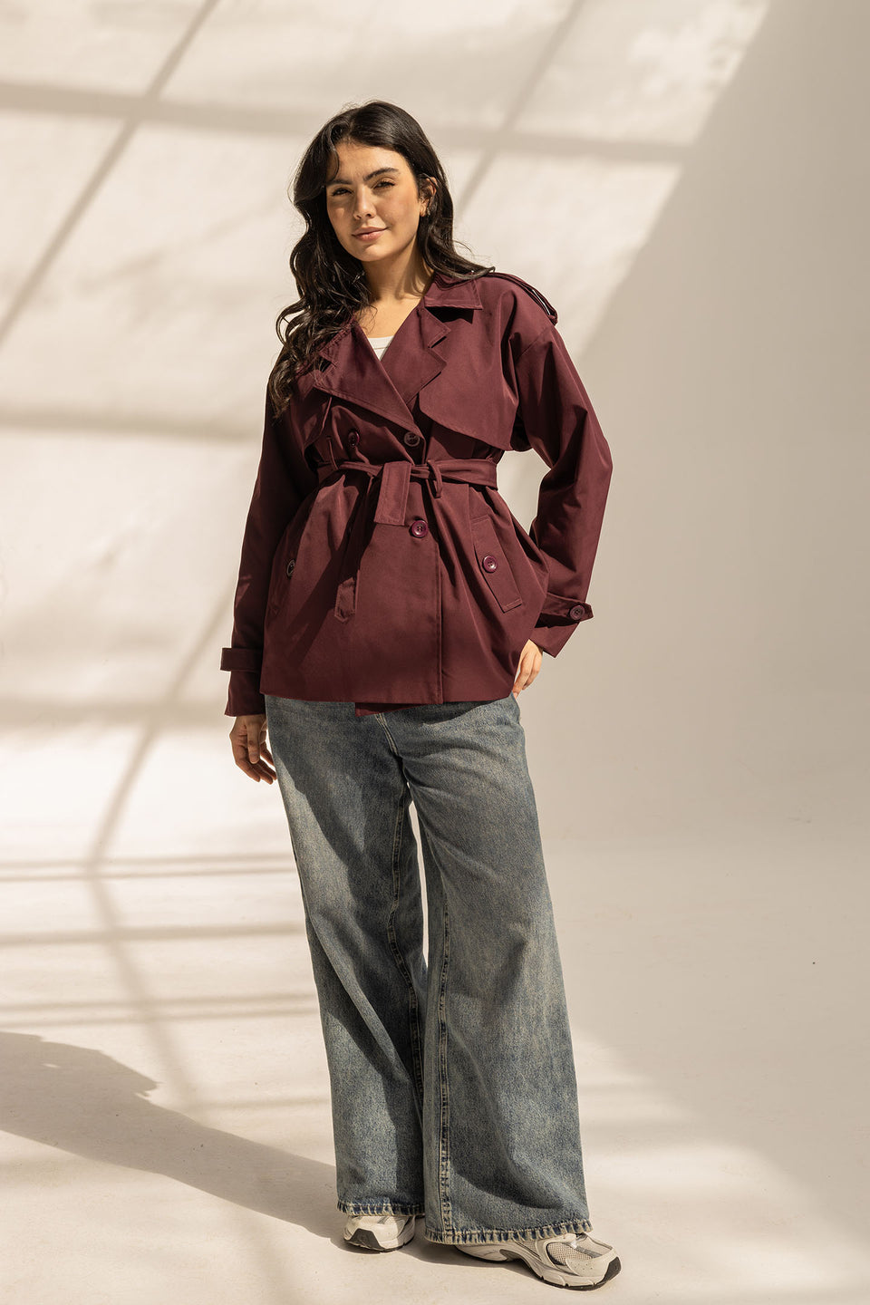 Burgundy Short Trench Coat with Belt